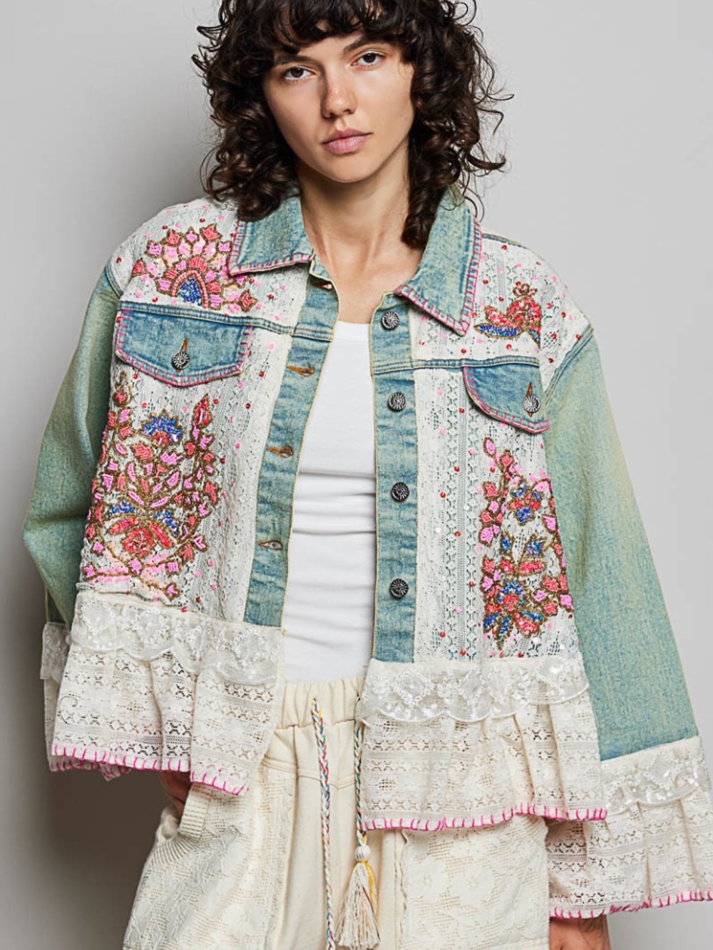 CRAZY Beautiful! POL Sequins/Lace Denim Jacket